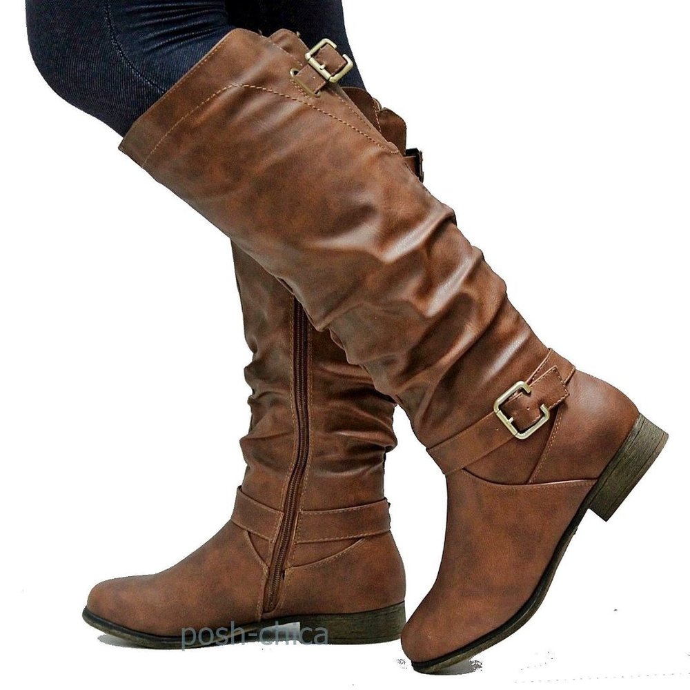New Tan Scrunched Ruched Knee High Riding Boots